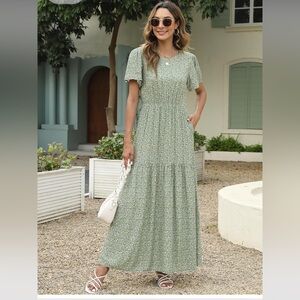 Floral Print Maxi Dress Layered Boho Green Cottage Prairie Country Sz 24 3X Long